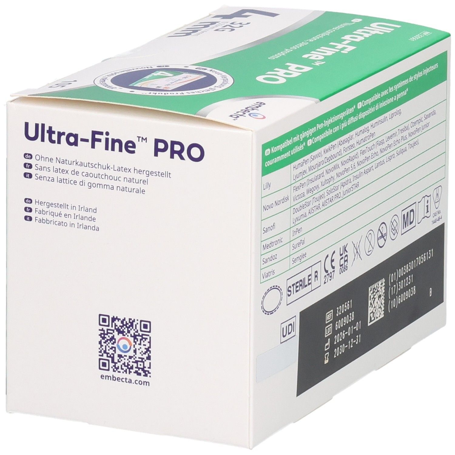 Verpackung von embecta Ultra-Fine™ PRO Pen-Nadeln, hergestellt in Irland.