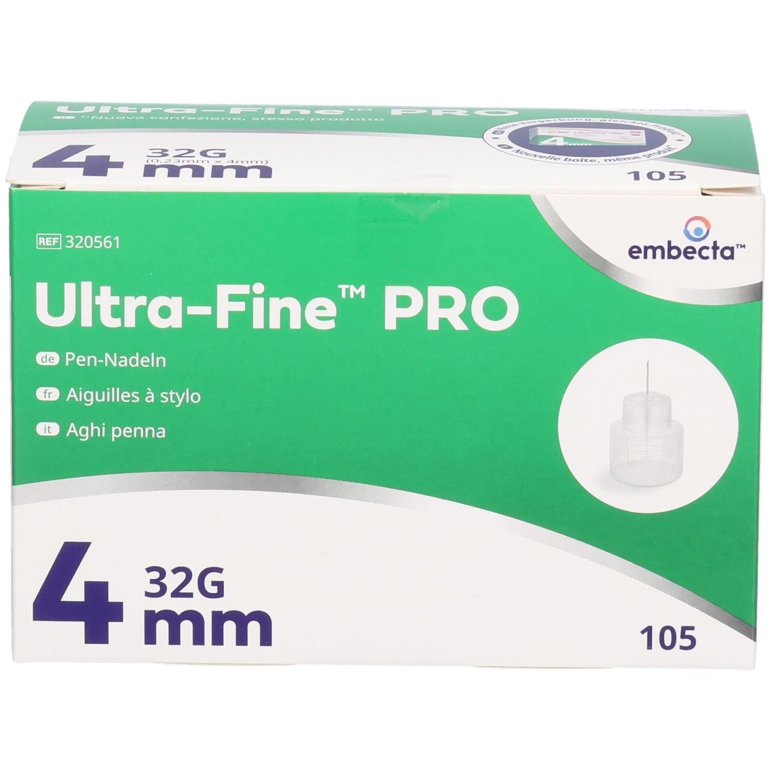 Verpackung von embecta Ultra-Fine™ PRO Pen-Nadeln, 32G, 4 mm, Vorderseite.