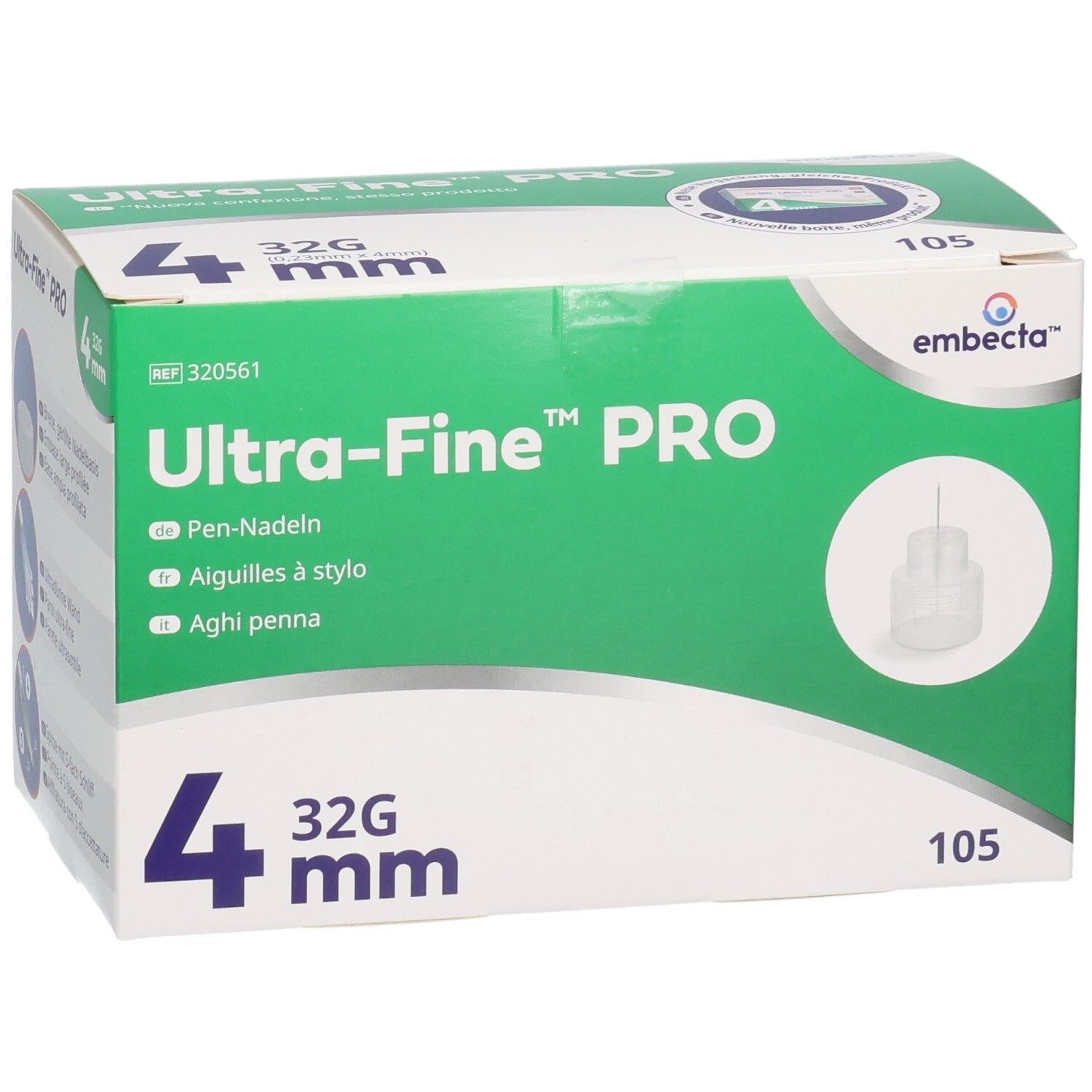 Verpackung von embecta Ultra-Fine™ PRO Pen-Nadeln, 32G, 4 mm, mit Nadelabbildung.