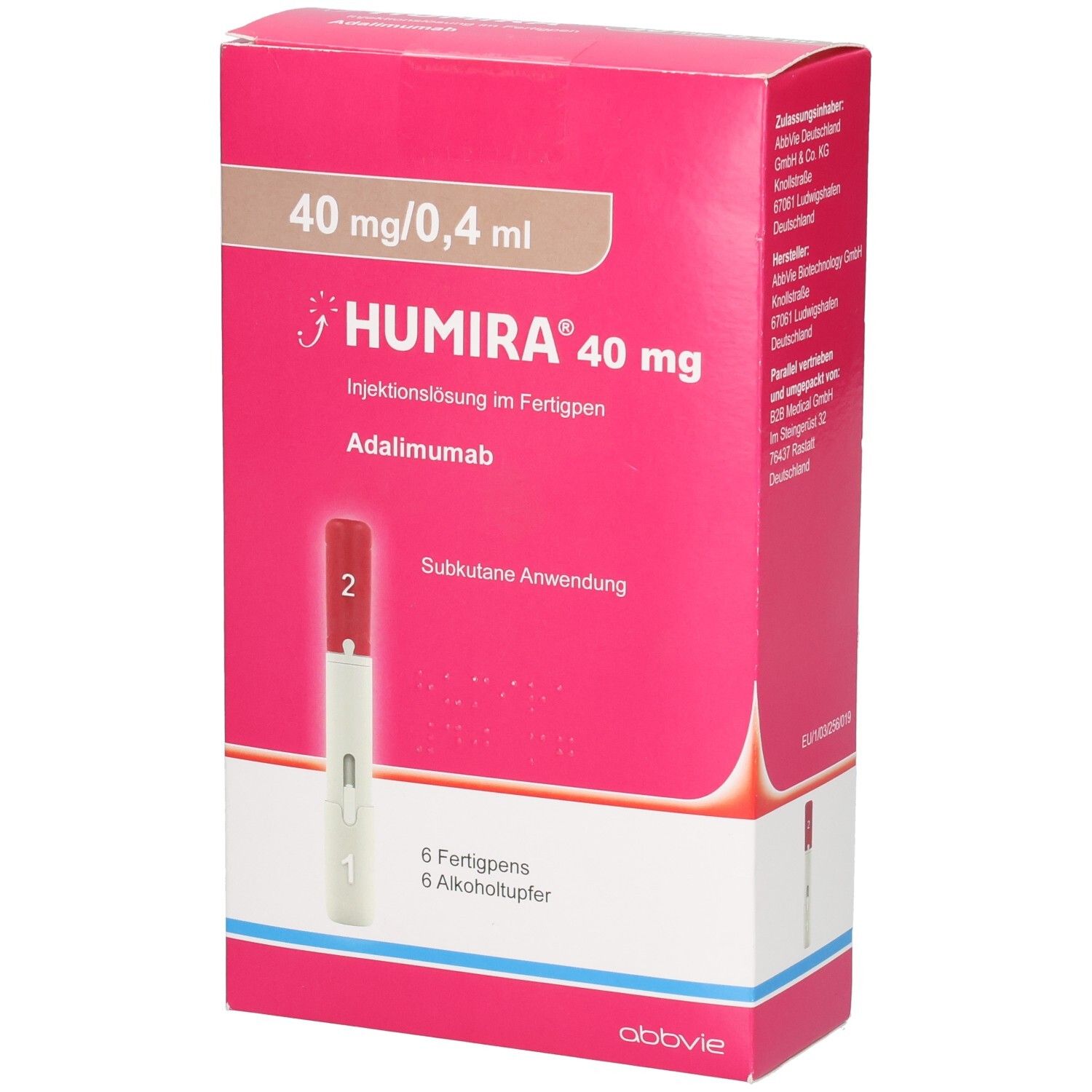 HUMIRA 40 mg Fertigpen-Verpackung mit 6 Pens und 6 Alkoholtupfern.