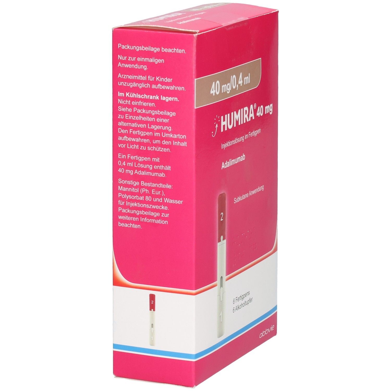 Rückseite der HUMIRA 40 mg Fertigpen-Verpackung mit Anwendungshinweisen.
