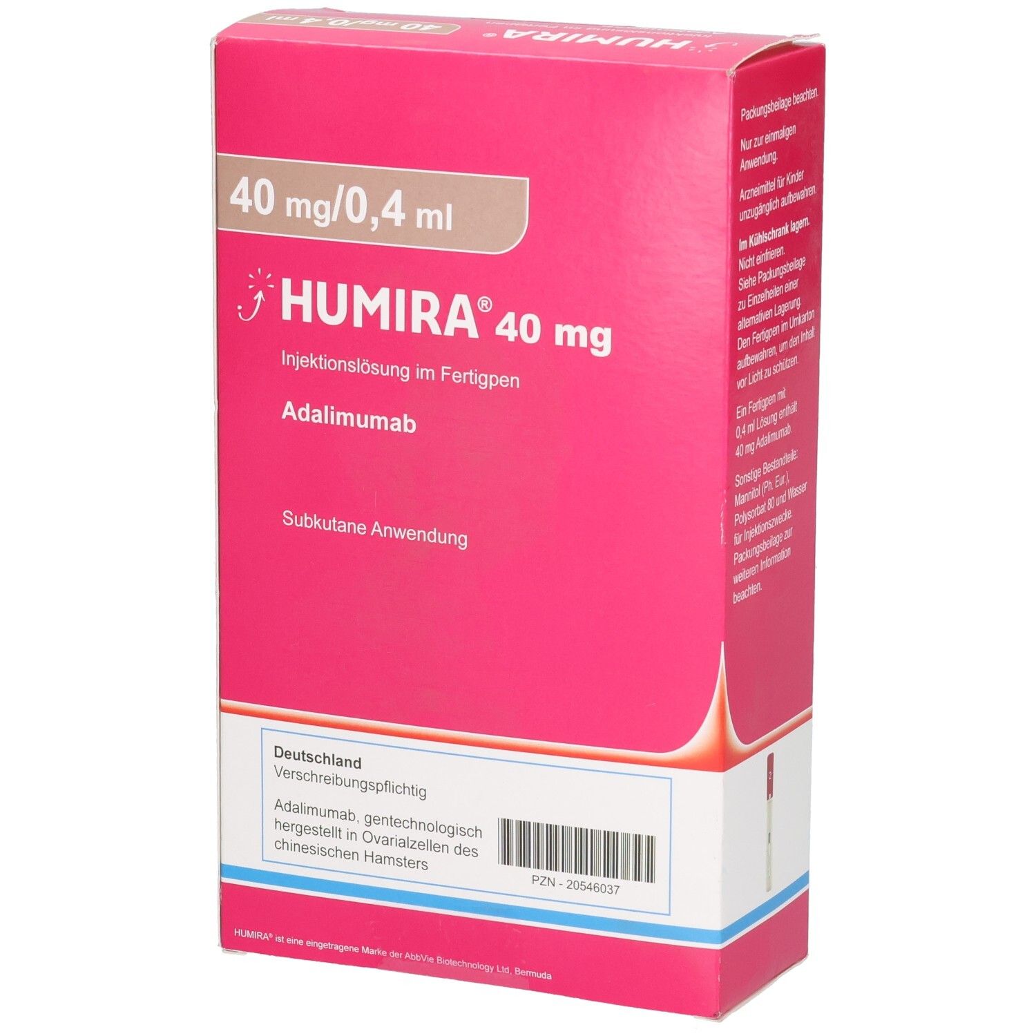 Vorderseite der HUMIRA 40 mg Fertigpen-Verpackung mit Zulassungsinformationen.
