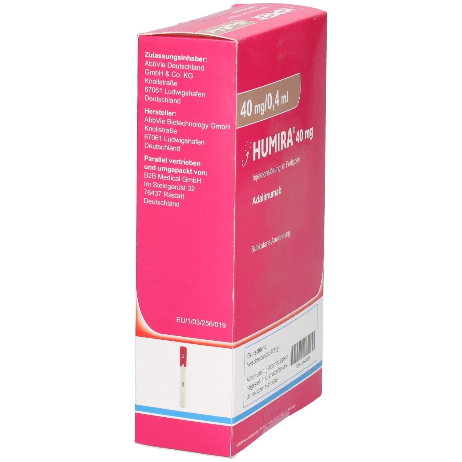 Seite der HUMIRA 40 mg Fertigpen-Verpackung mit Herstellerinformationen.