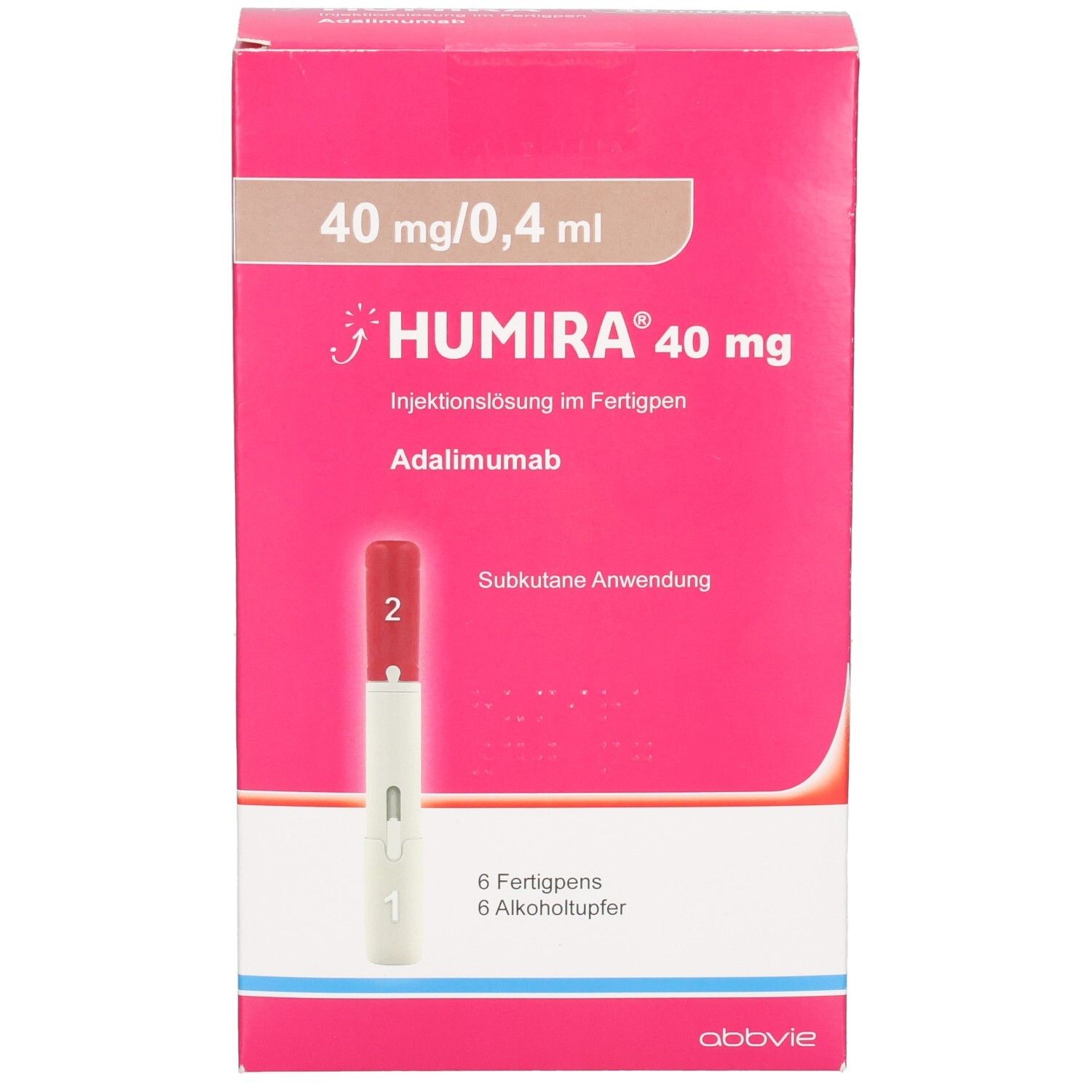 HUMIRA 40 mg Fertigpen-Verpackung, Vorderansicht mit Detailbild eines Pens.