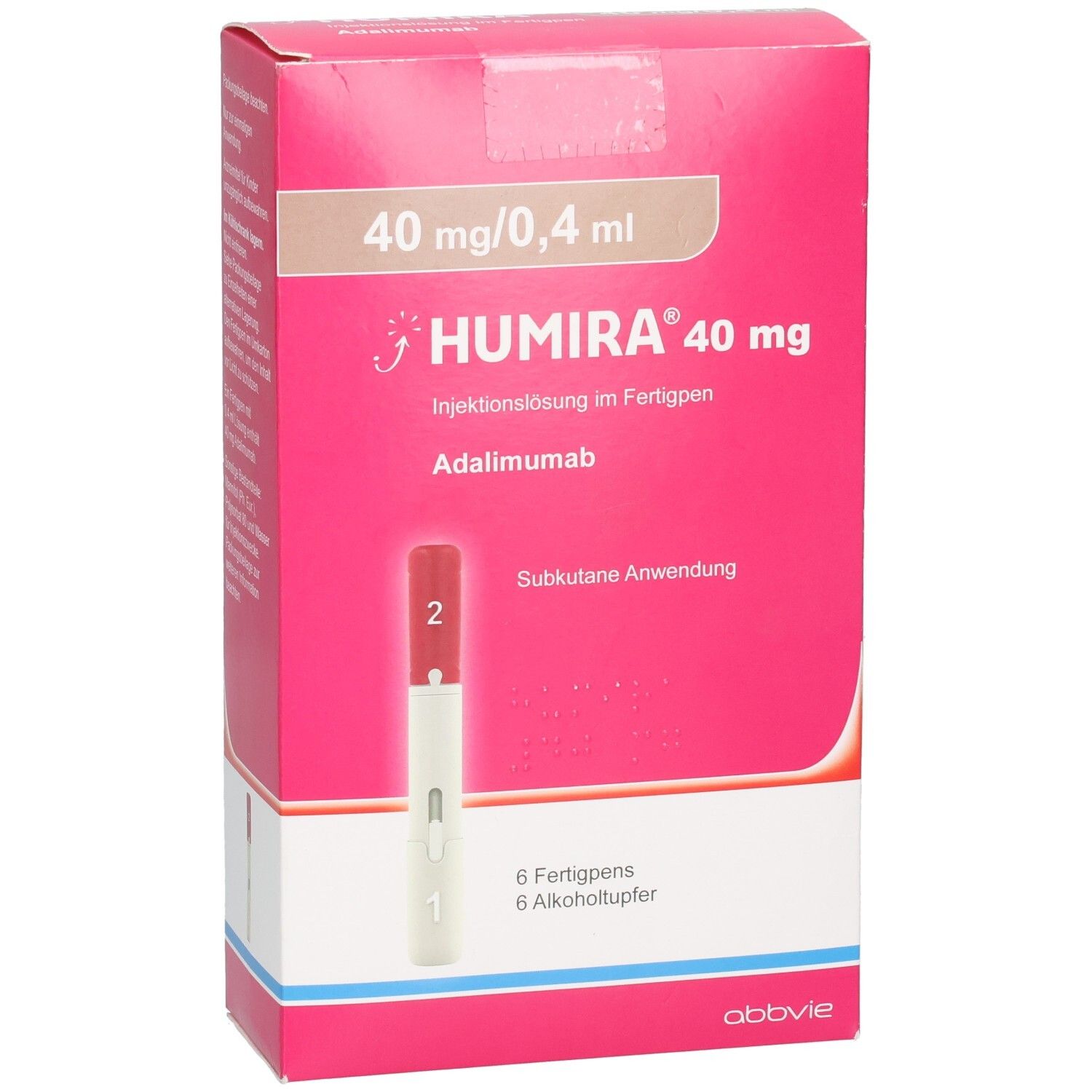 HUMIRA 40 mg Fertigpen-Verpackung, Vorderansicht mit Detailbild eines Pens.
