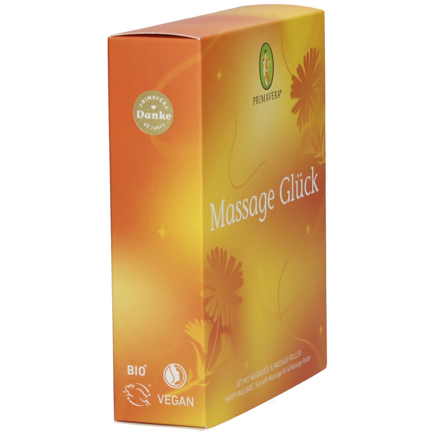 Massage Glück Box mit Bio und Vegan Siegel. Enthält Massageöl und Holzroller.