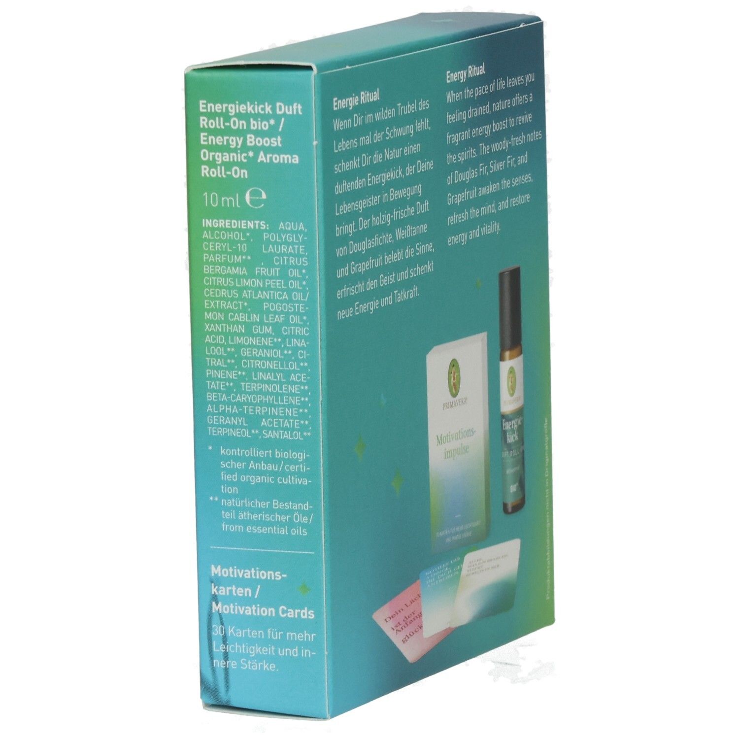 Bio-Aroma-Roll-On "Energy Boost" in 10ml-Flasche, verpackt in einer Box mit Motivationskarten.