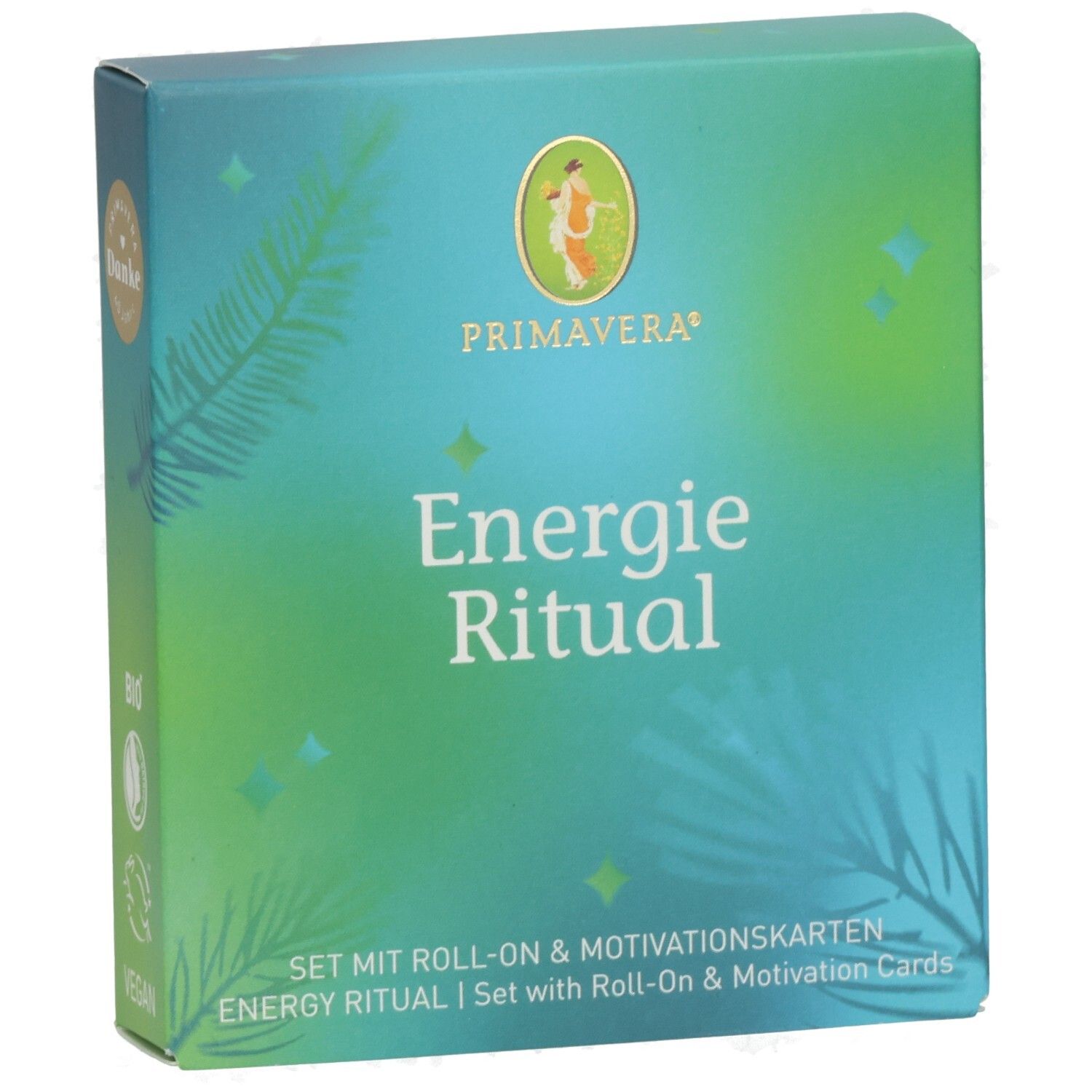 Primavera Energie Ritual Set mit Roll-On & Motivationskarten. Grüne und blaue Verpackung mit Pinienzweigen.