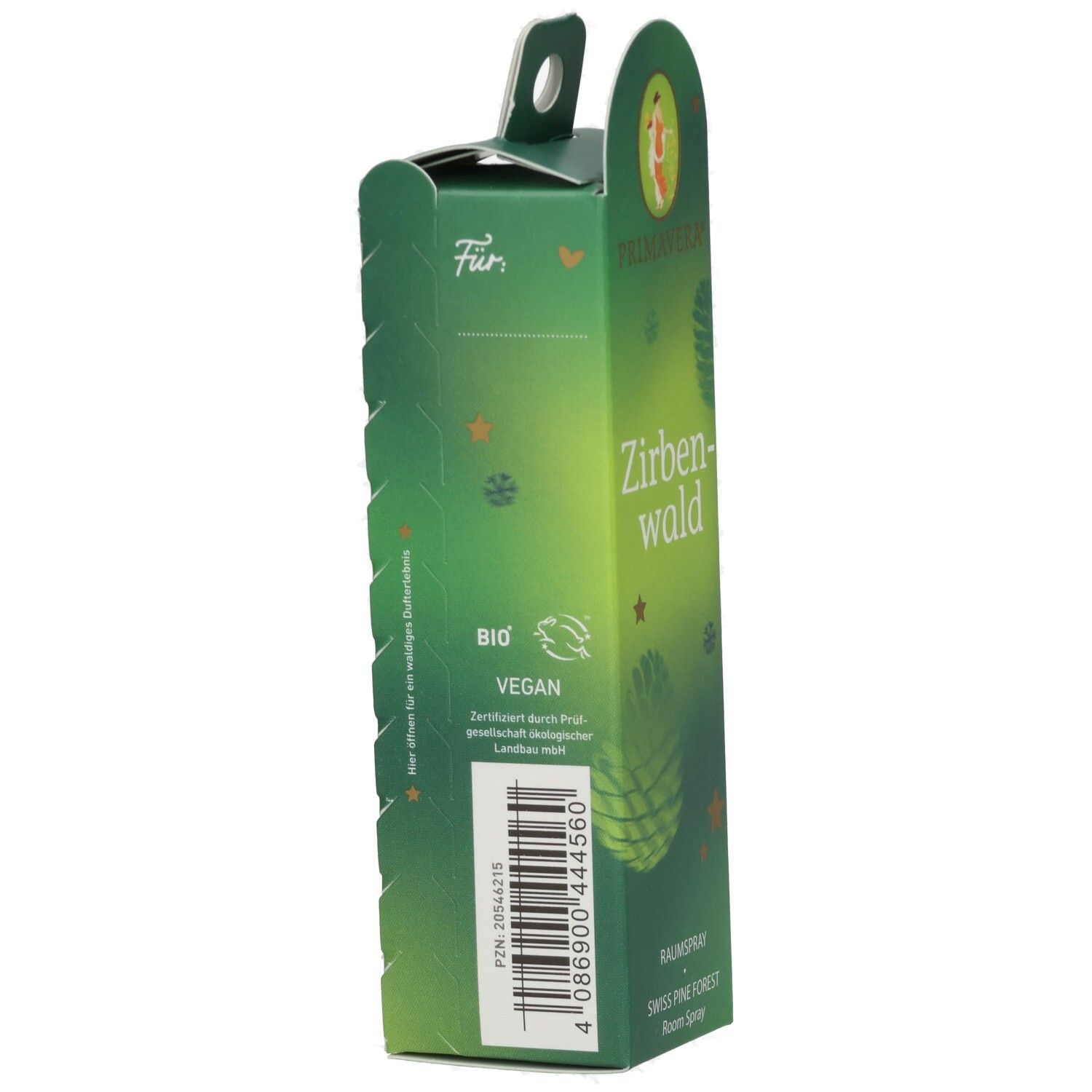 Packung Primavera Zirbenwald Raumspray, grüne Verpackung mit Sternen.