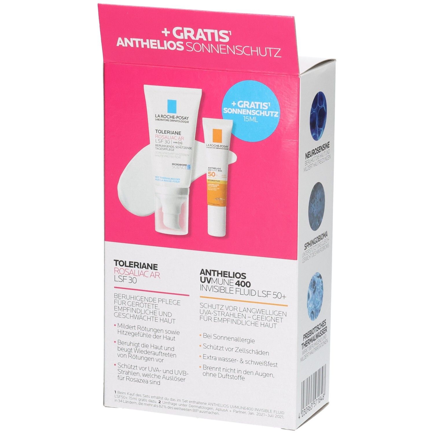 La Roche-Posay Set: Toleriane Rosaliac LSF 30 und Anthelios UV-Mune 400 LSF 50.