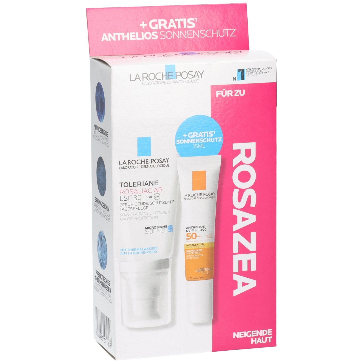La Roche-Posay Set: Toleriane Rosaliac LSF 30 und gratis Sonnenschutz.