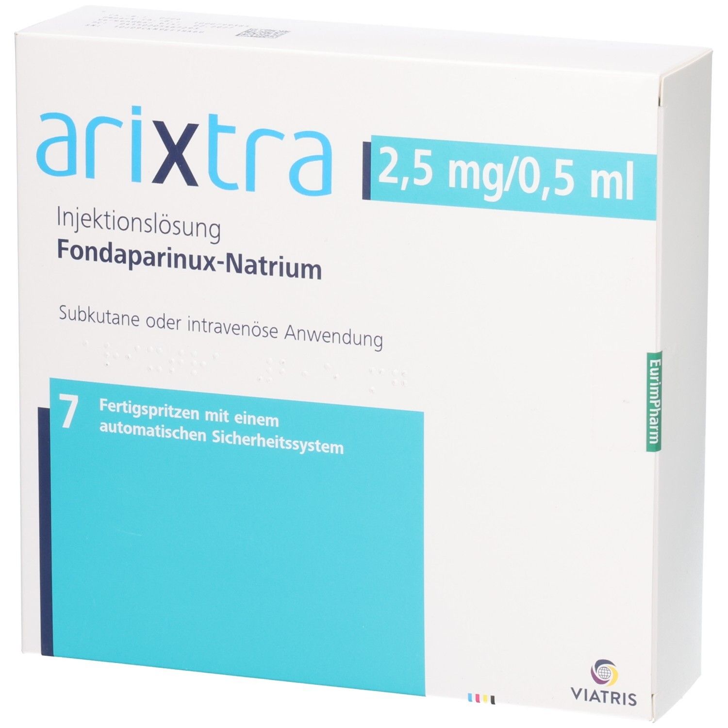 Arzneimittelpackung ARIXTRA 2,5 mg/0,5 ml. Weiße Schachtel mit blauen und grünen Akzenten. Enthält 7 Fertigspritzen.