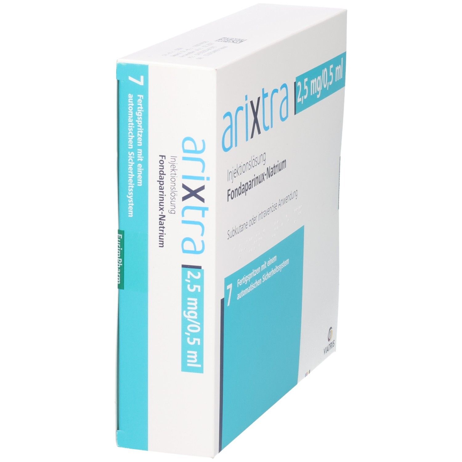 Arzneimittelpackung ARIXTRA 2,5 mg/0,5 ml. Weiße Schachtel mit blauen und grünen Akzenten. Enthält 7 Fertigspritzen.