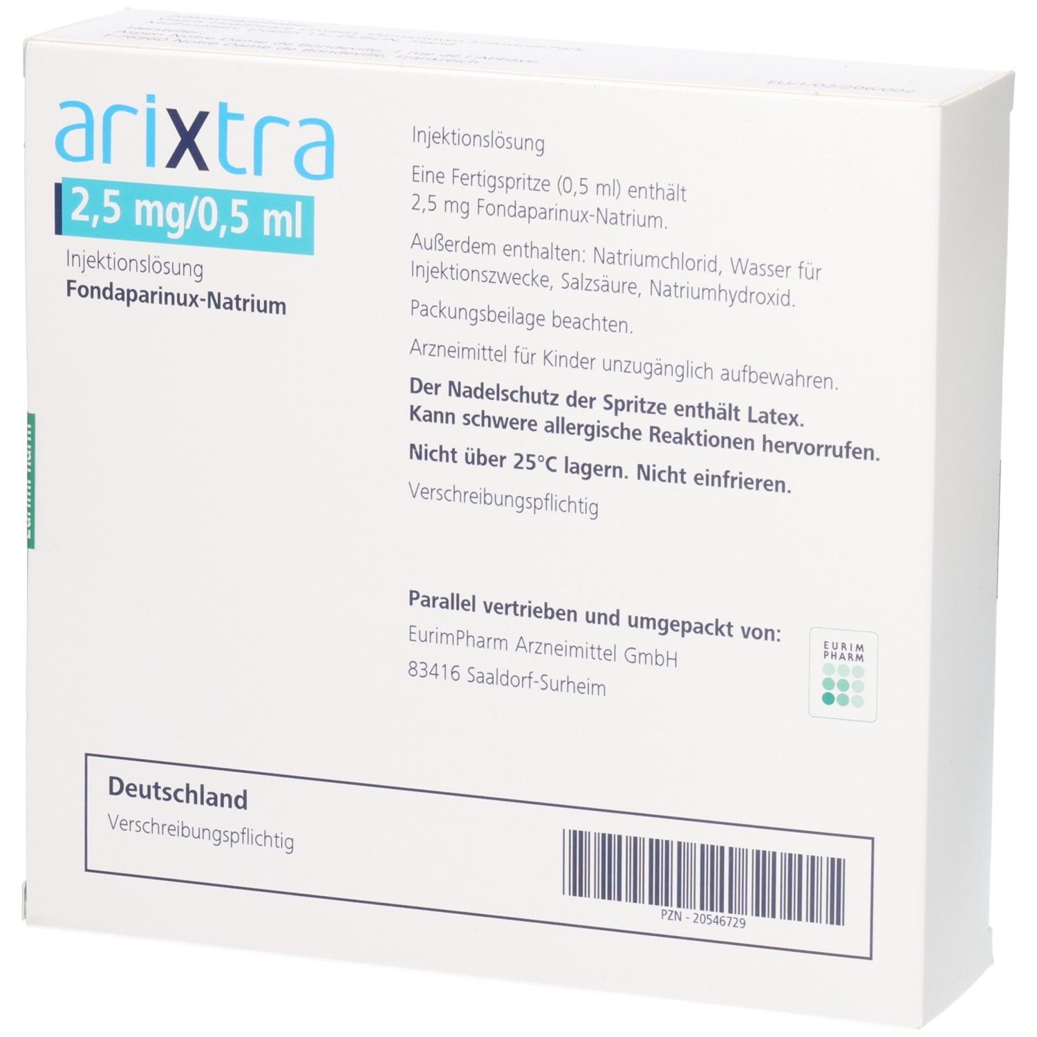Rückseite der Arzneimittelpackung ARIXTRA 2,5 mg/0,5 ml. Weiße Schachtel mit Text. Enthält Informationen zur Anwendung und Lagerung.