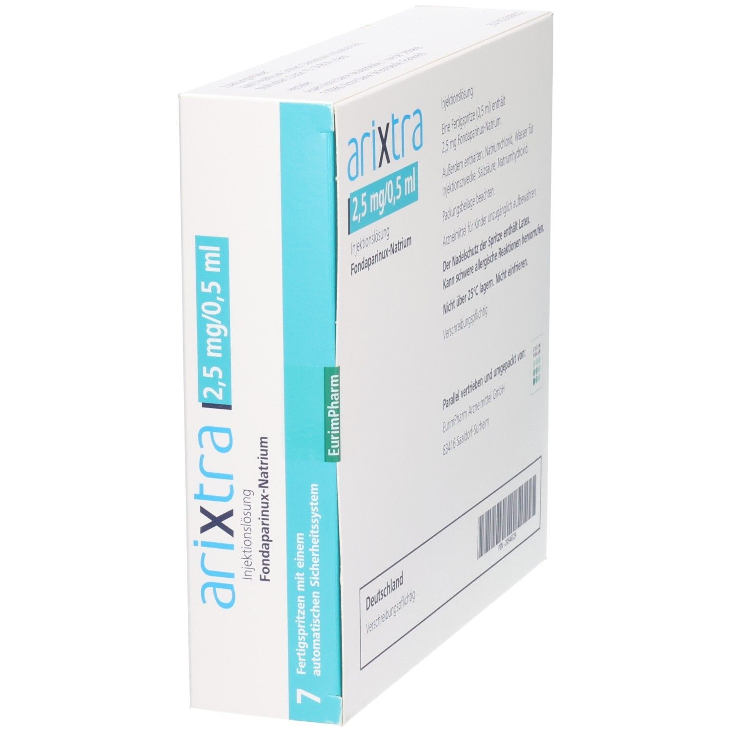 Arzneimittelpackung ARIXTRA 2,5 mg/0,5 ml. Weiße Schachtel mit blauen und grünen Akzenten. Enthält 7 Fertigspritzen.