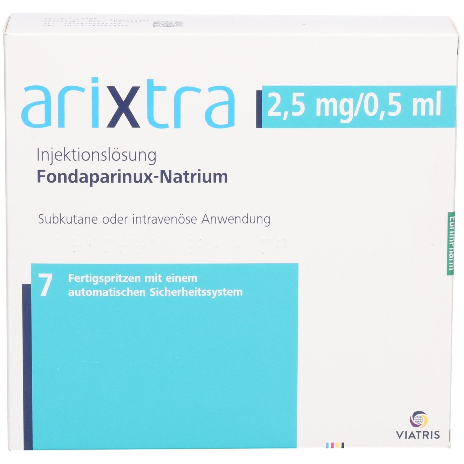 Arzneimittelpackung ARIXTRA 2,5 mg/0,5 ml. Weiße Schachtel mit blauen und grünen Akzenten. Enthält 7 Fertigspritzen.