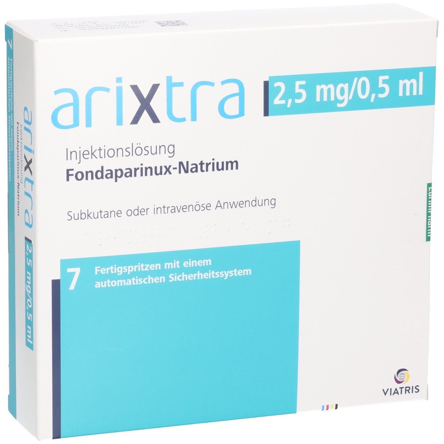 Arzneimittelpackung ARIXTRA 2,5 mg/0,5 ml. Weiße Schachtel mit blauen und grünen Akzenten. Enthält 7 Fertigspritzen.