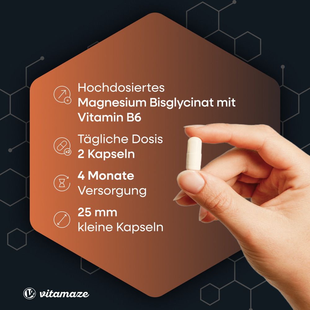 Hand hält Kapsel. Text: Hochdosiertes Magnesium Bisglycinat mit Vitamin B6. Tägliche Dosis: 2 Kapseln.