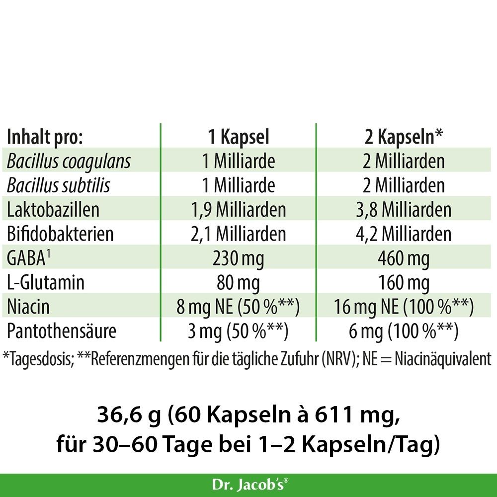 Tabelle mit Inhaltsstoffen pro Kapsel und 2 Kapseln: Bacillus coagulans, B. subtilis, Laktobazillen, Bifidobakterien, GABA, L-Glutamin, Niacin, Pantothensäure.