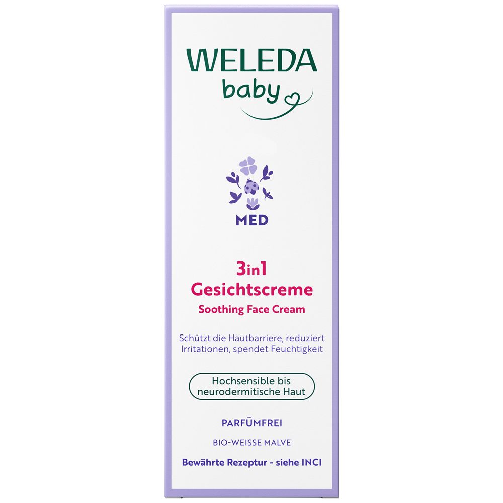 Weleda Baby 3in1 Gesichtscreme Faltschachtel mit Malvenblüte, "MED" und Hinweisen.