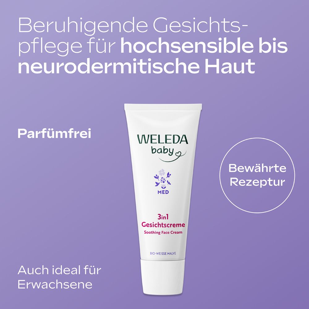 Weleda Baby 3in1 Gesichtscreme Tube vor lila Hintergrund, "Parfümfrei" und "Bewährte Rezeptur".