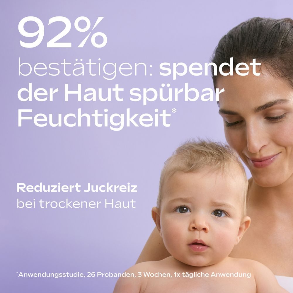 Frau und Baby lächeln, mit Text "92% bestätigen: spendet der Haut spürbar Feuchtigkeit".