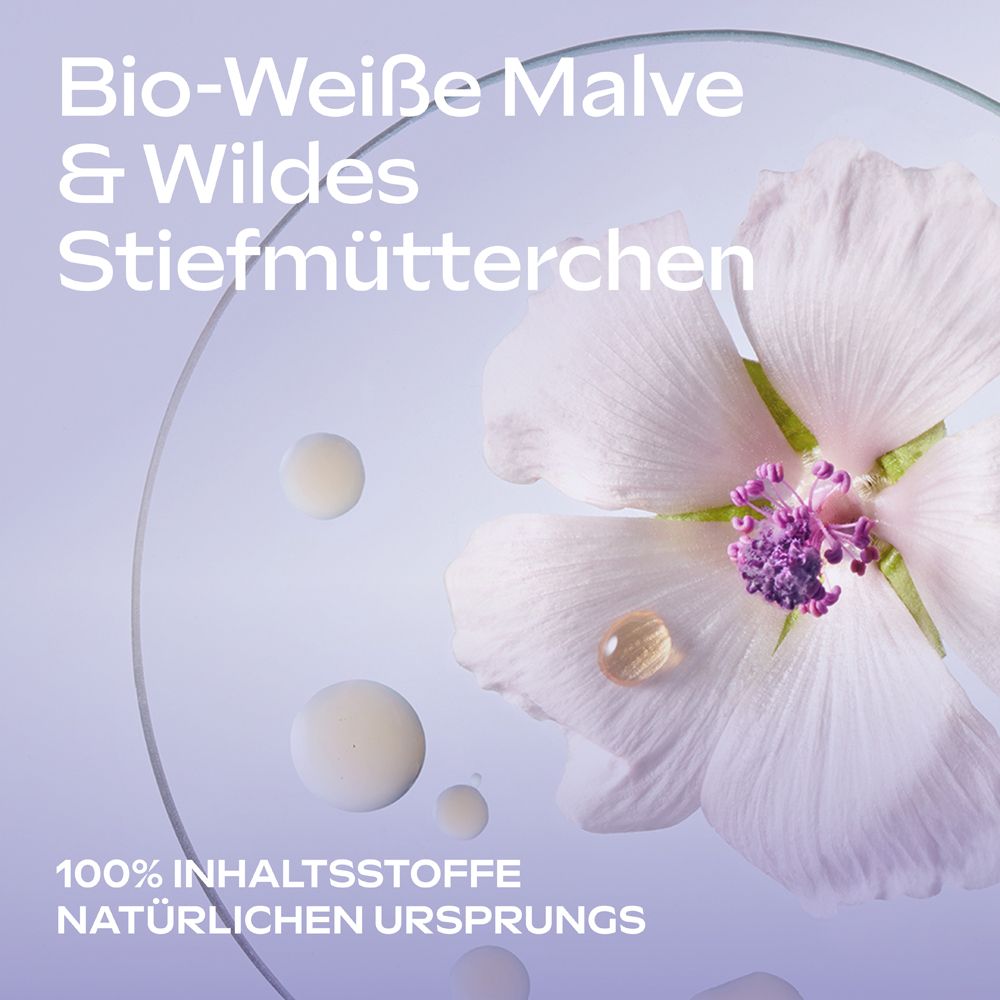 Malvenblüte und Tropfen, mit Text "Bio-Weiße Malve & Wildes Stiefmütterchen" und "100% natürliche Inhaltsstoffe".