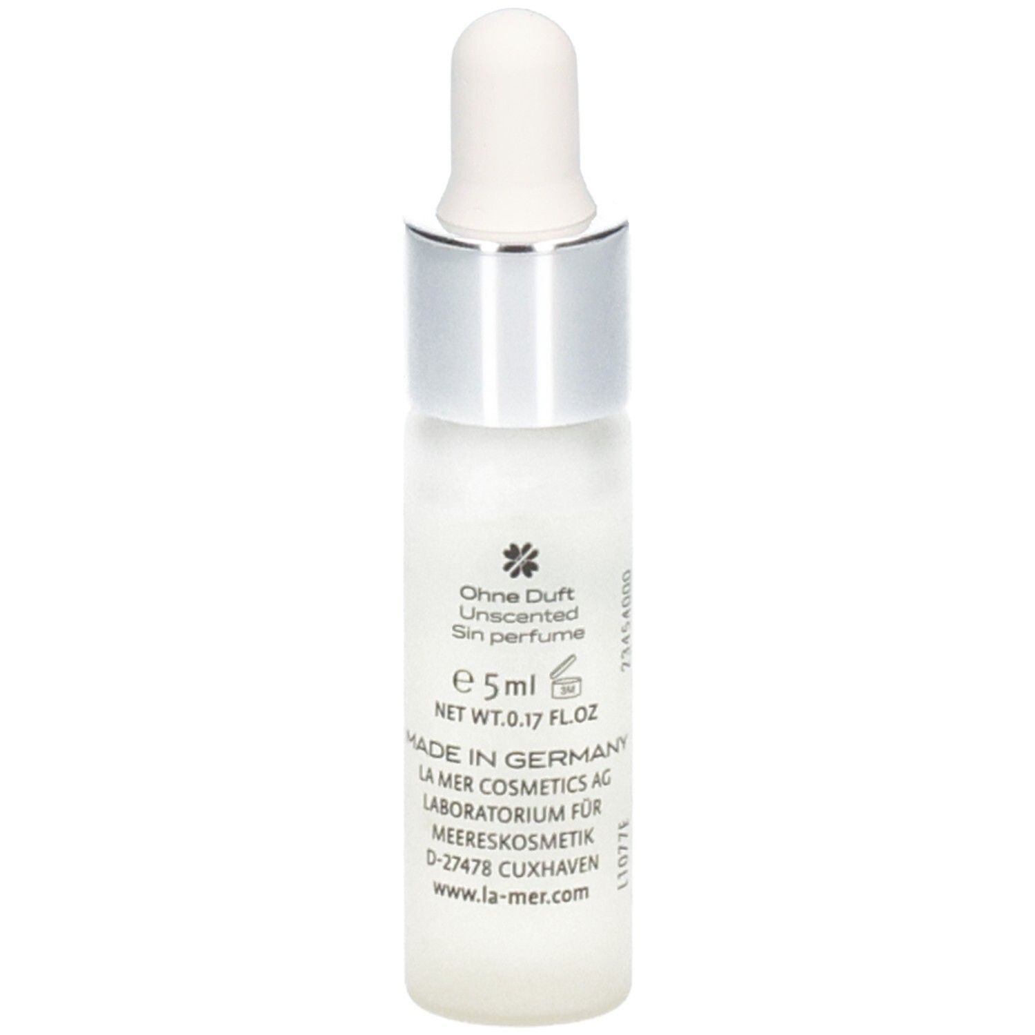 Rückseite der Serumflasche. Text: Ohne Duft, e 5ml, Made in Germany, La mer.