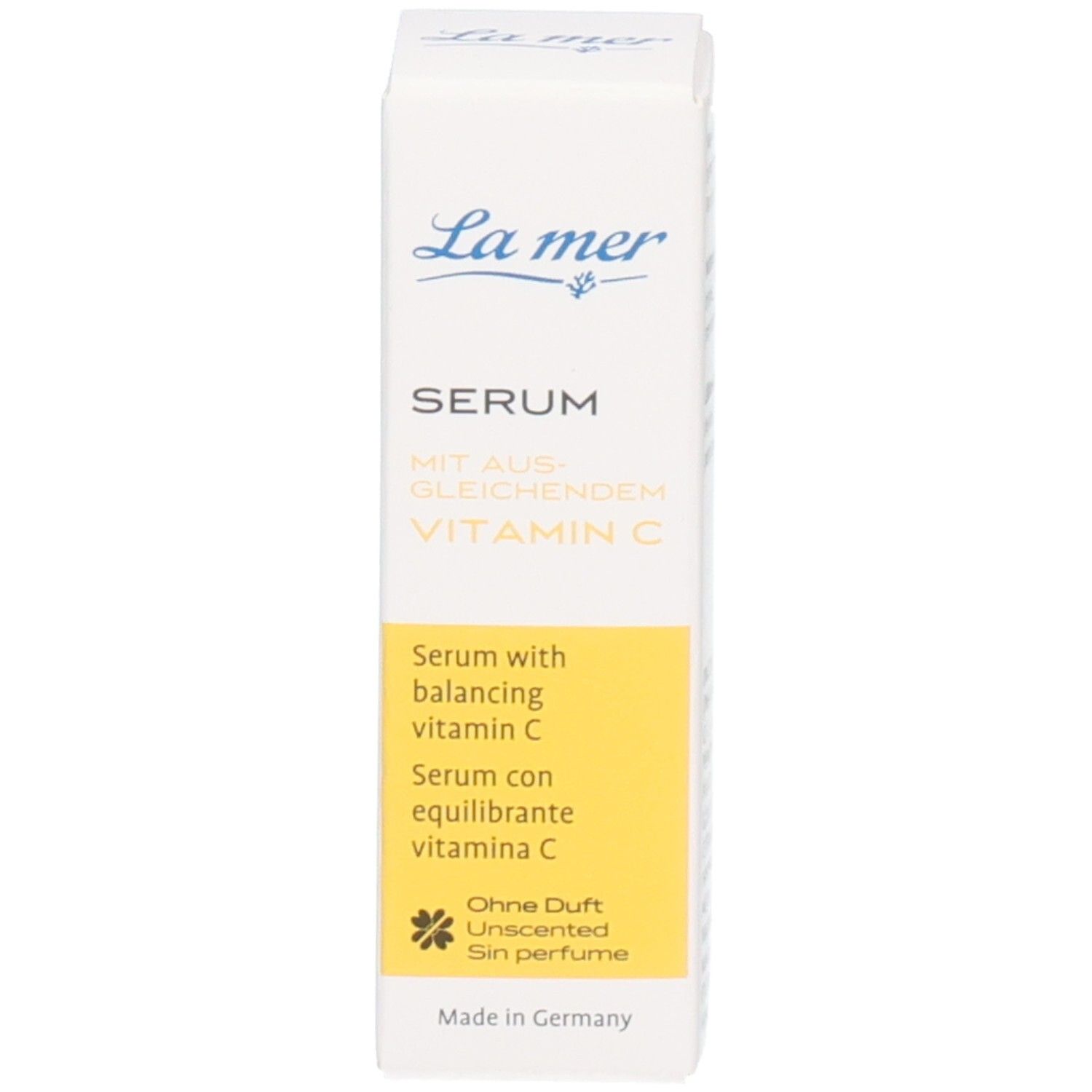Verpackung: La mer Serum mit ausgleichendem Vitamin C. Text: Serum with balancing vitamin C.