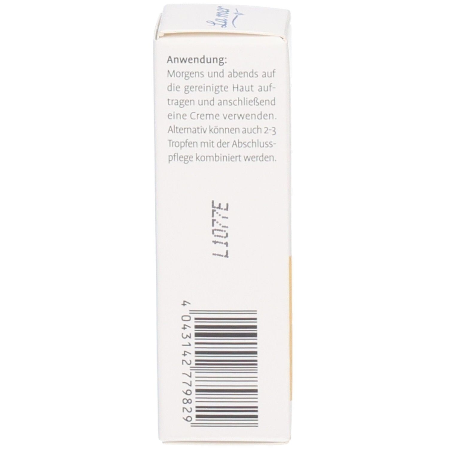 Verpackung mit Barcode und Anwendungshinweisen. Text: Morgens und abends auf die gereinigte Haut auftragen.