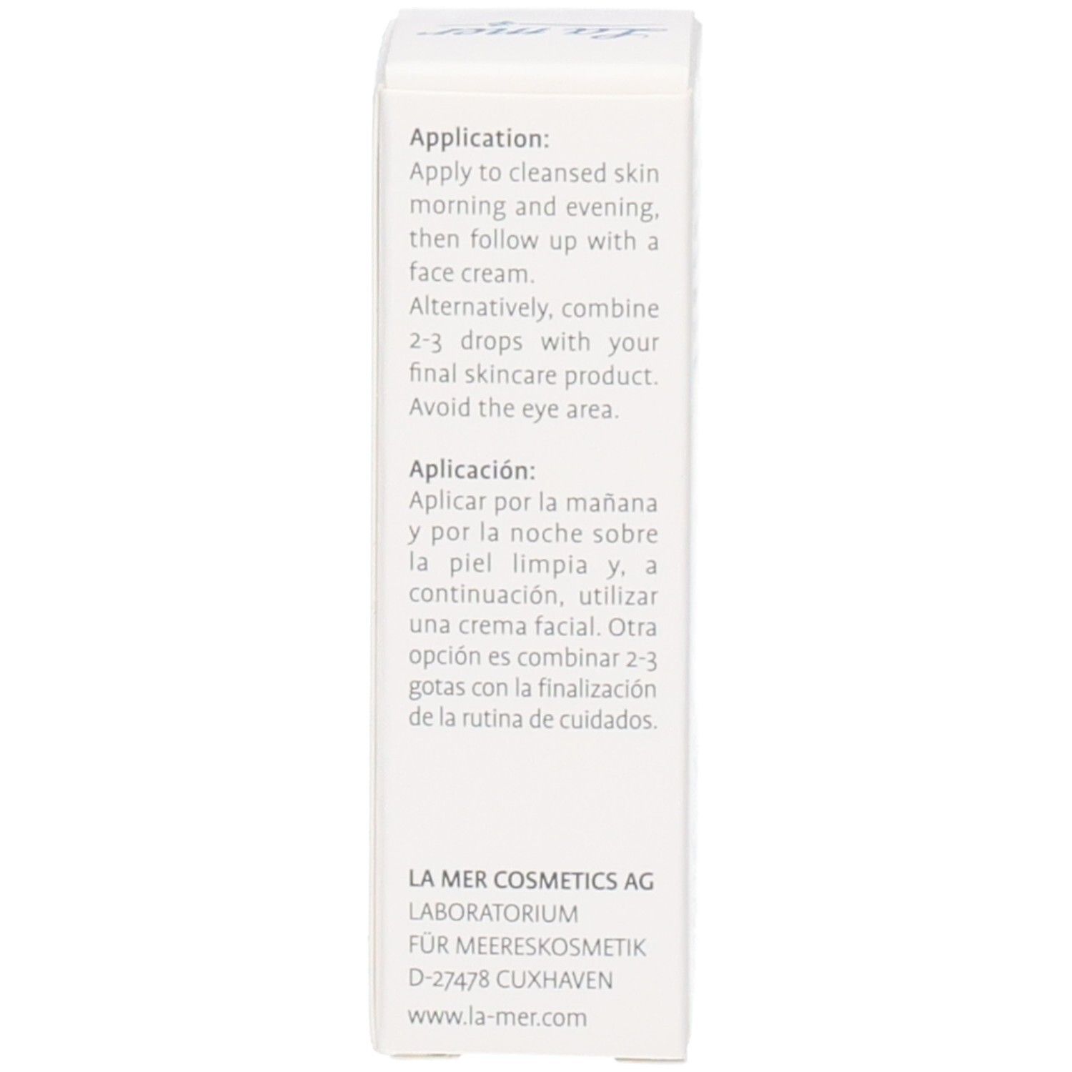 Verpackung mit Anwendungsanleitung in Englisch und Spanisch. Text: Apply to cleansed skin morning and evening.