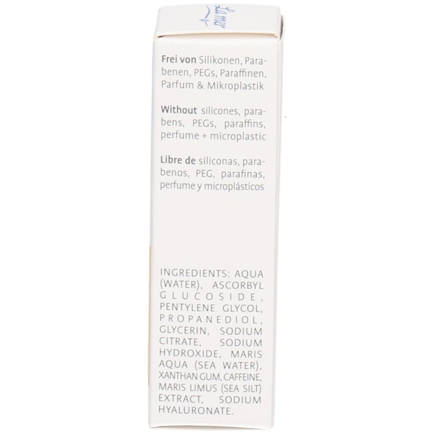 Verpackung mit Inhaltsstoffen. Text: Ohne Silikone, Parabene, PEGs, Paraffine, Parfum & Mikroplastik.