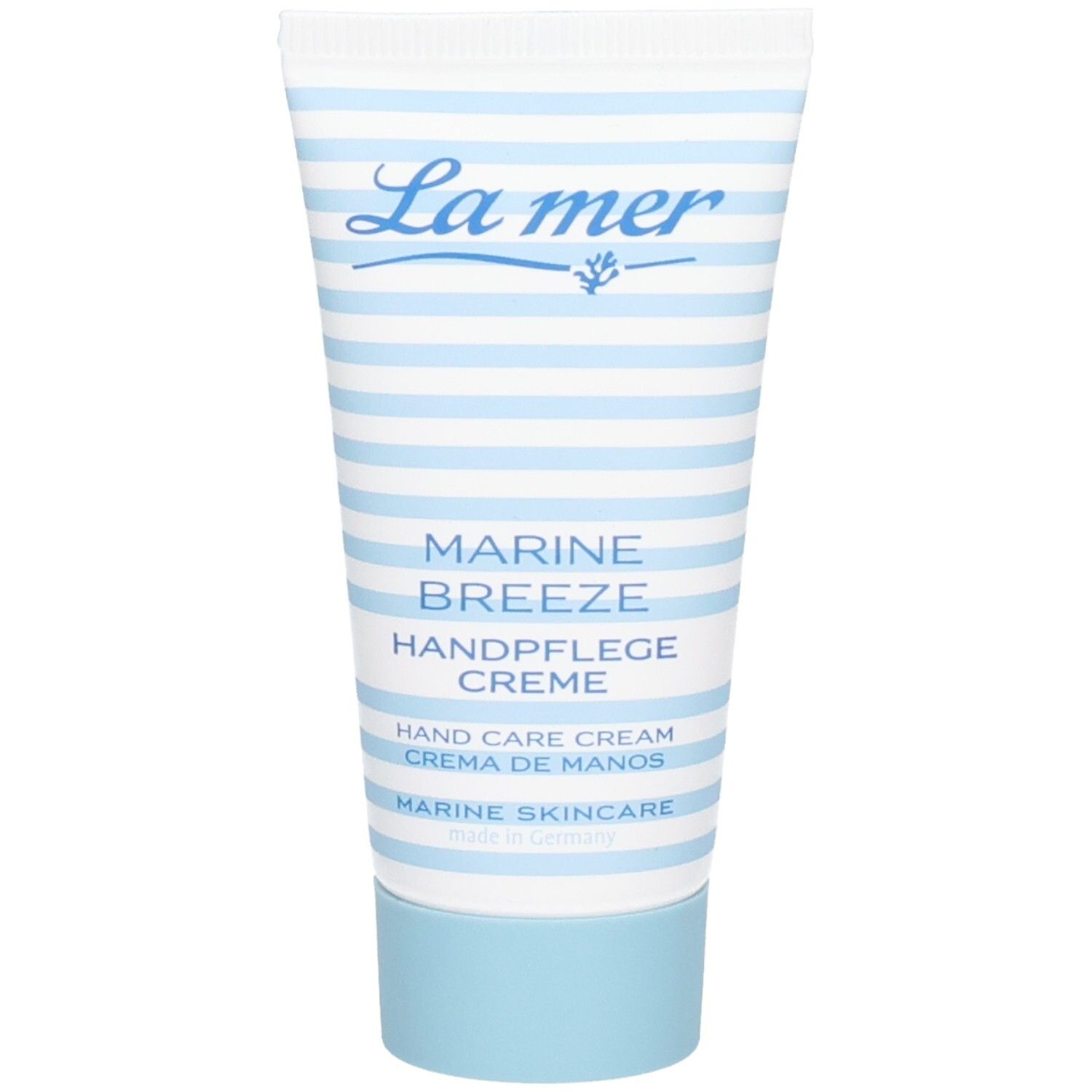 La mer Marine Breeze Handpflegecreme Tube mit blau-weißen Streifen und hellblauem Deckel.