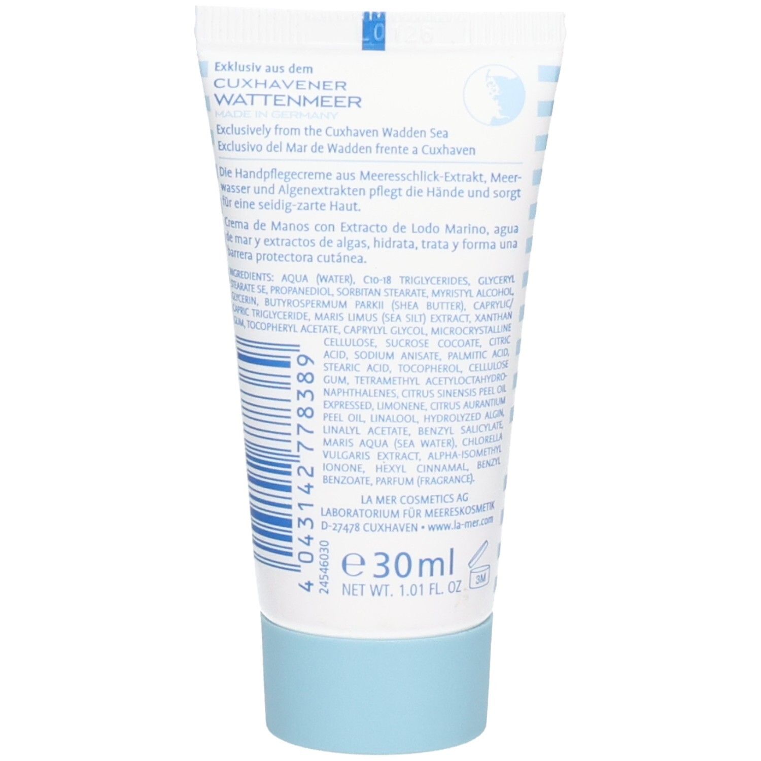 Rückseite der La mer Marine Breeze Handpflegecreme Tube mit Inhaltsstoffen und Barcode. 30ml.