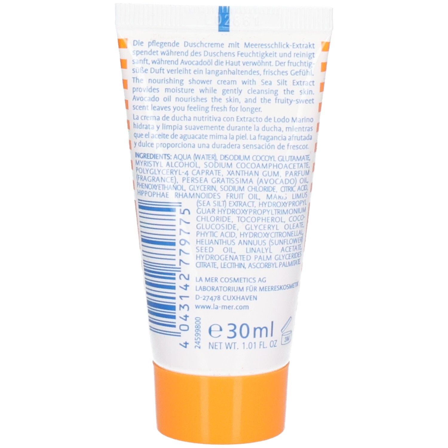 Rückseite einer La mer Duschcreme Tube mit Produktinformationen und Inhaltsstoffen.