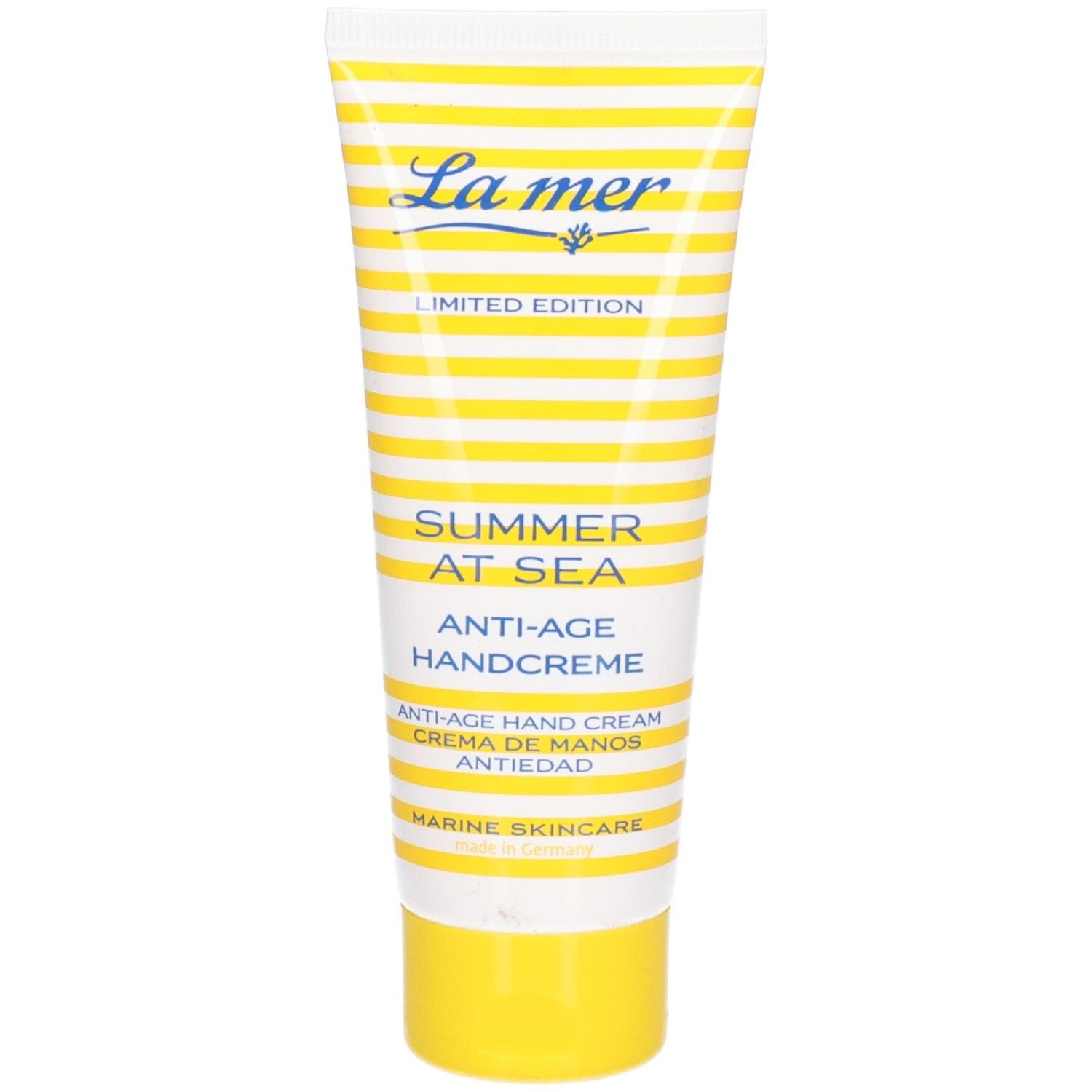 Gelb-weiß gestreifte Tube. Aufschrift: La Mer, Summer at Sea, Anti-Age Handcreme. Limited Edition. Marine Skincare.