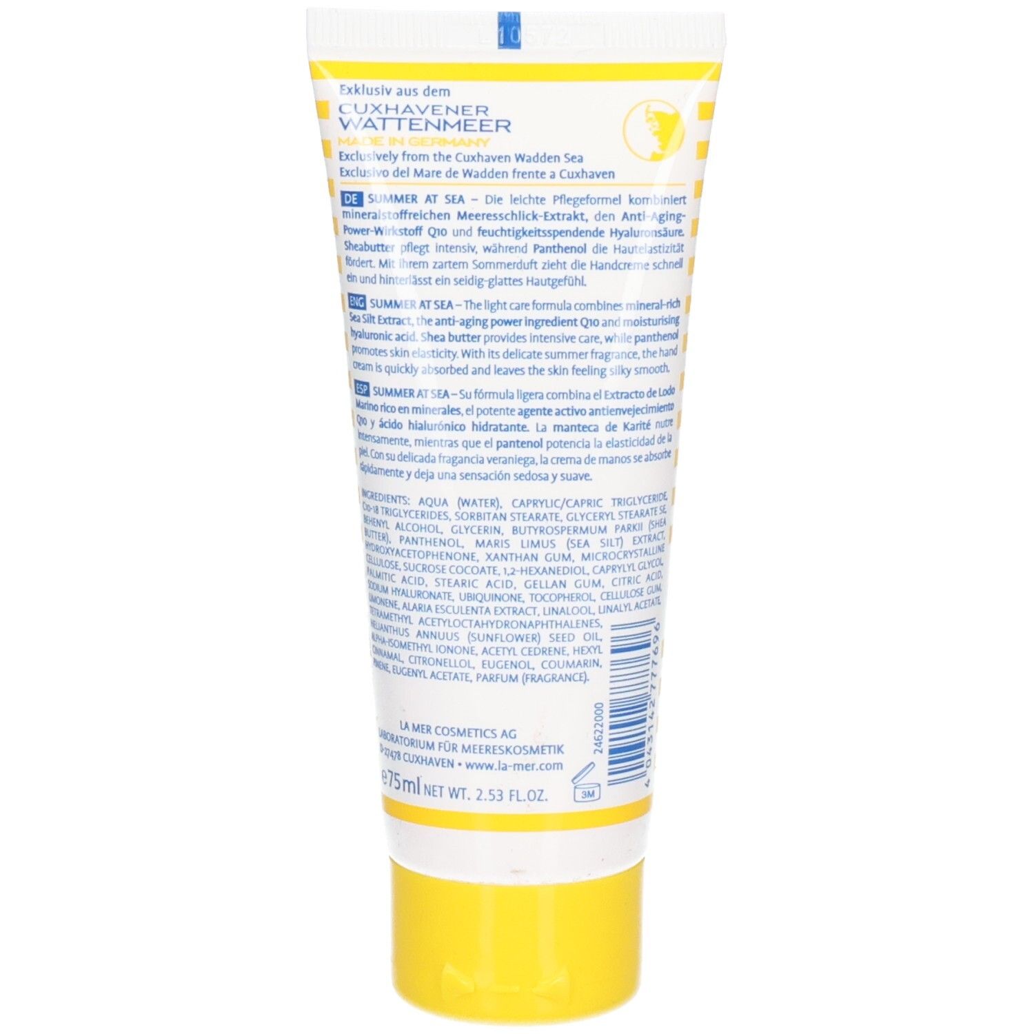 Rückseite der Tube. Text in mehreren Sprachen. Inhaltsstoffe und Herstellerangaben. Gelb-weiß gestreiftes Design.