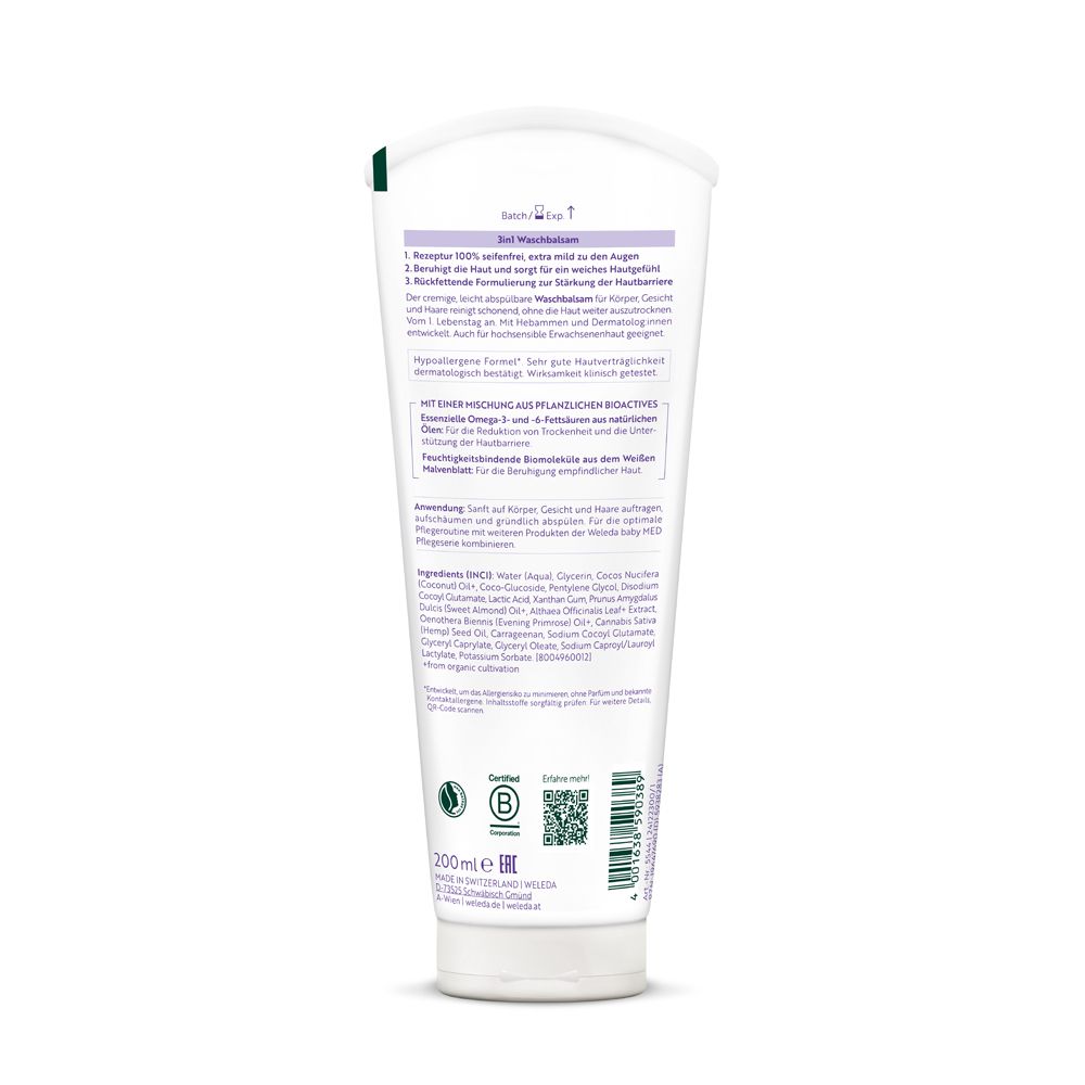 Rückseite der WELEDA Baby 3in1 Waschbalsam Tube mit Inhaltsstoffen und Anwendungshinweisen. 200ml.