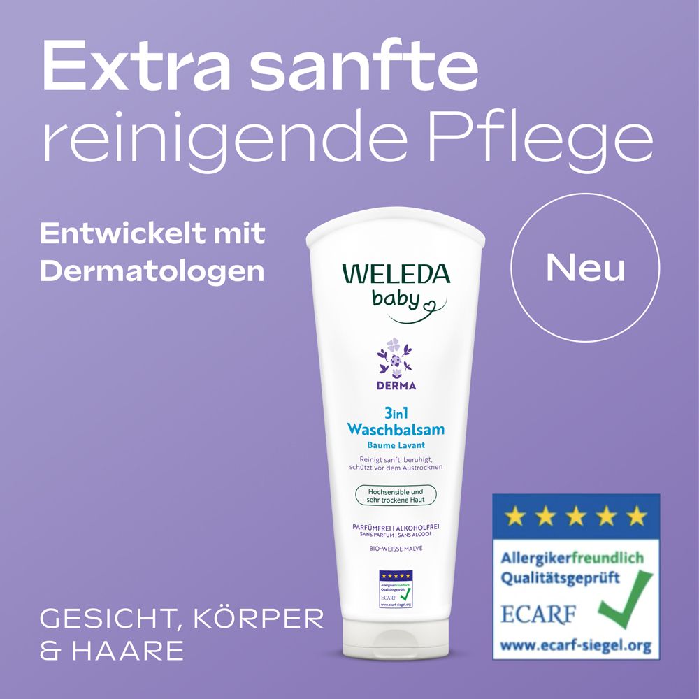 WELEDA Baby Waschbalsam Tube neben einem Siegel 'Allergenfreundlich Qualitätsgeprüft ECARF'. Text: Extra sanfte reinigende Pflege. Neu.