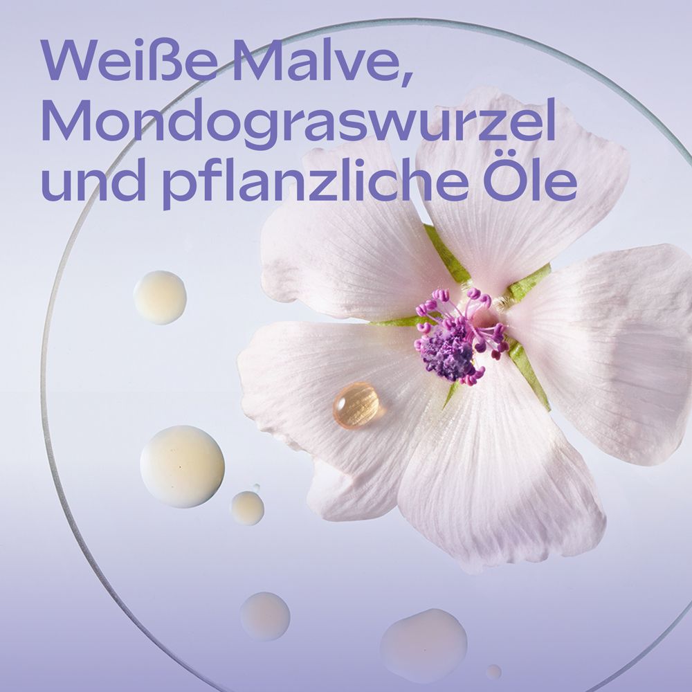 Weiße Malve Blüte mit Tropfen und Text: Weiße Malve, Mondgraswurzel und pflanzliche Öle.
