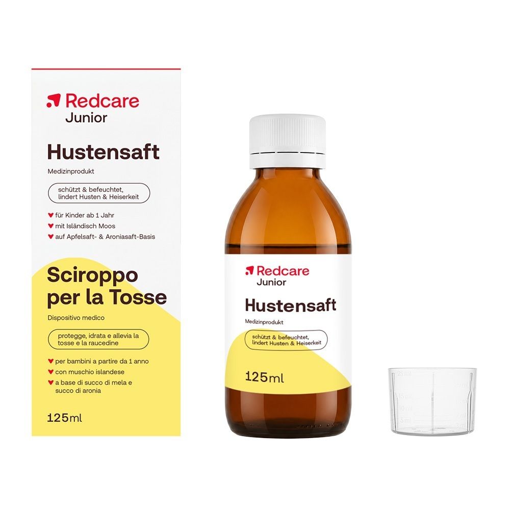 Redcare Junior Hustensaft Flasche und Karton, 125ml.