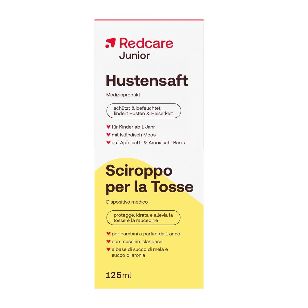 Karton für Redcare Junior Hustensaft mit Dosierungsangaben und Inhaltsstoffen.