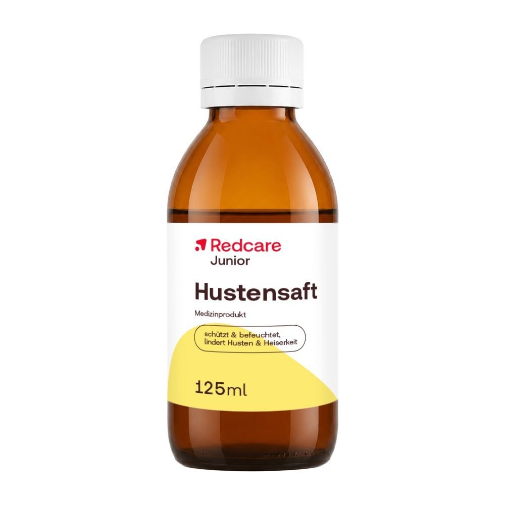 Flasche Redcare Junior Hustensaft, 125ml, mit Messbecher.
