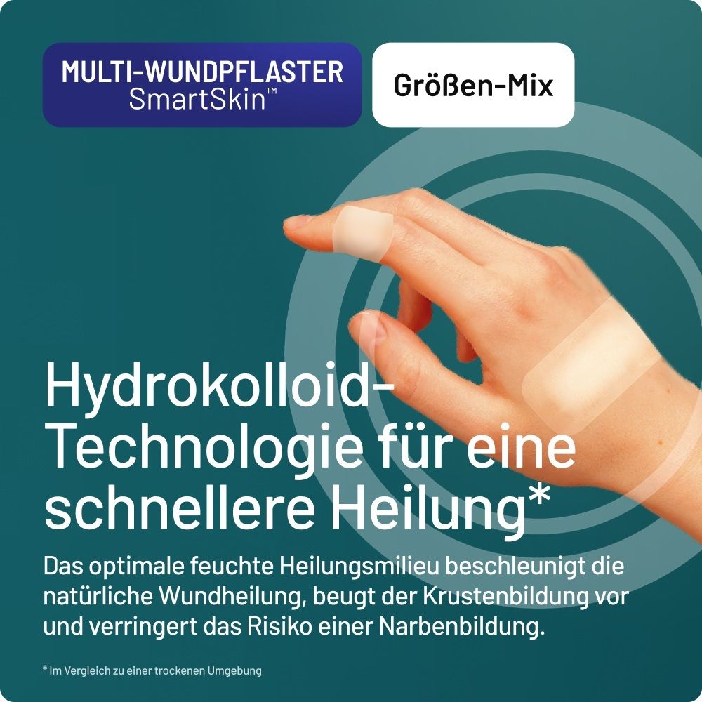Hand mit Compeed Hydrokolloid-Pflaster für schnellere Heilung.