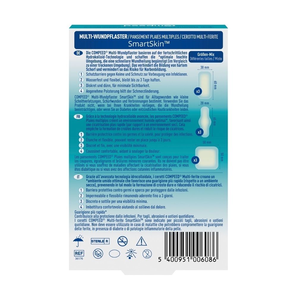 Rückseite der Compeed Verpackung mit Produktinformationen und Größenangaben.
