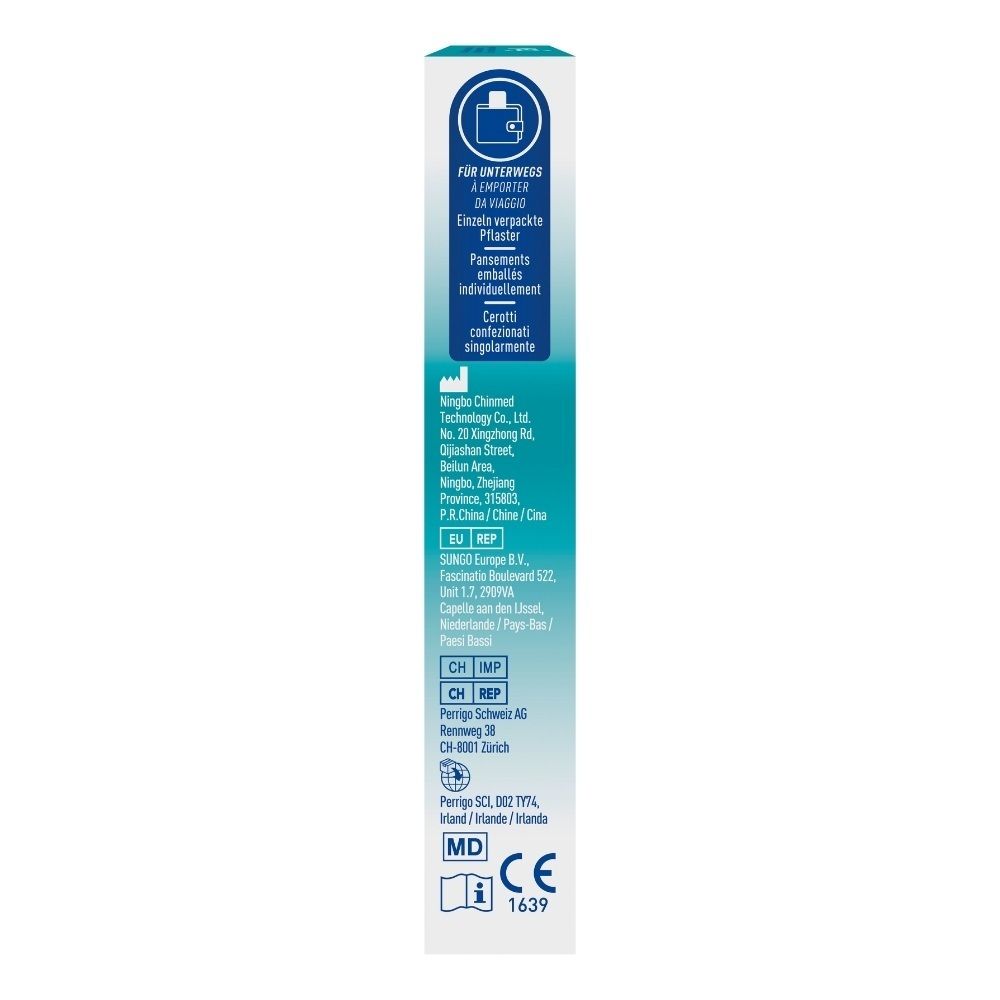 Seitenansicht der Compeed Verpackung mit CE-Kennzeichnung und Herstellerinformationen.