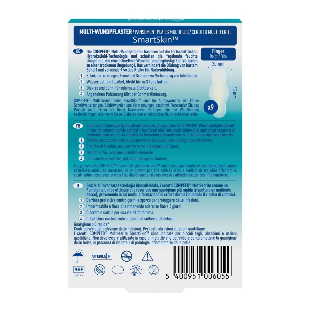 Rückseite einer COMPEED® Verpackung mit Anwendungshinweisen und Produktinformationen.
