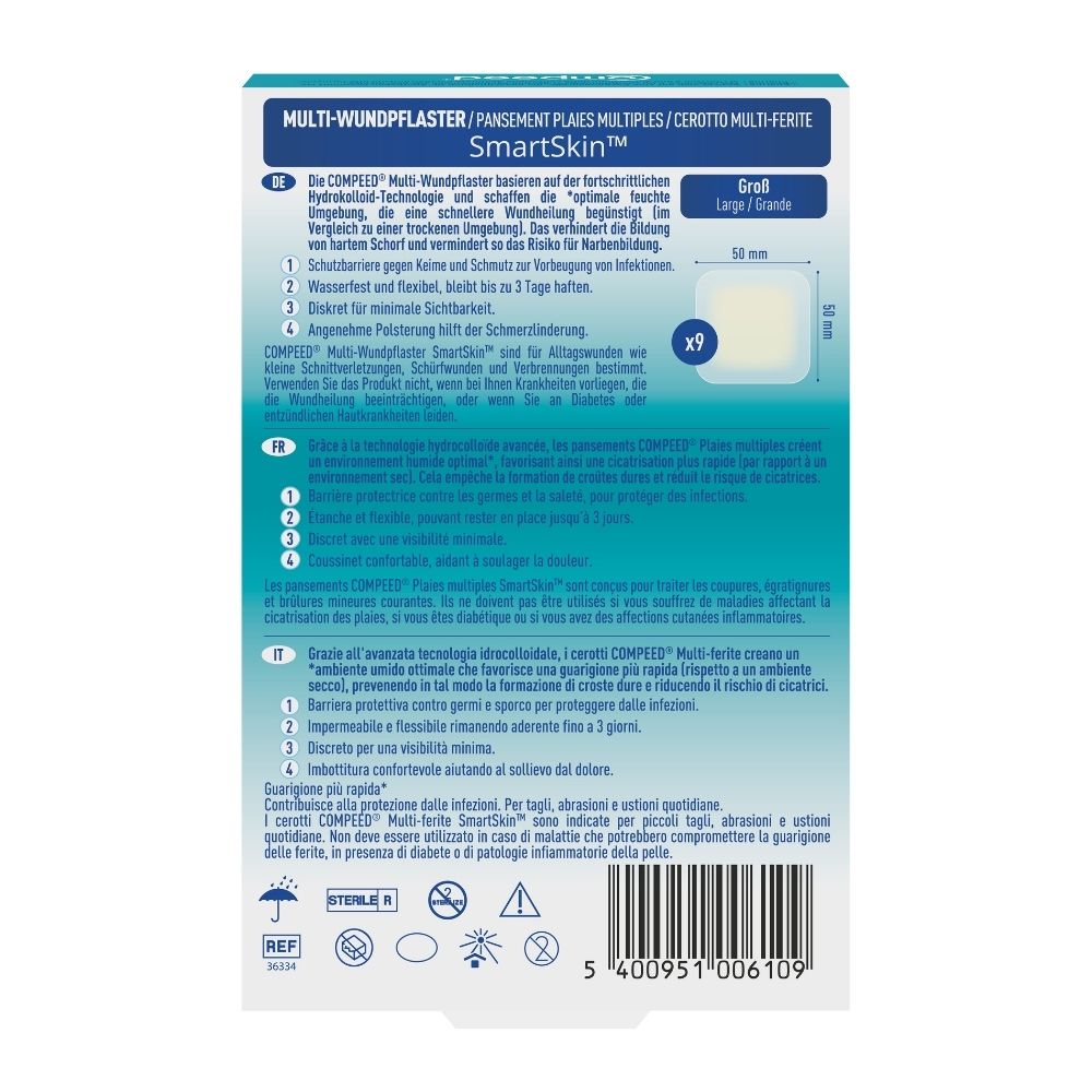 Rückseite Compeed® Packung: Hydrokolloid-Technologie, 9 große Pflaster (50x50mm).
