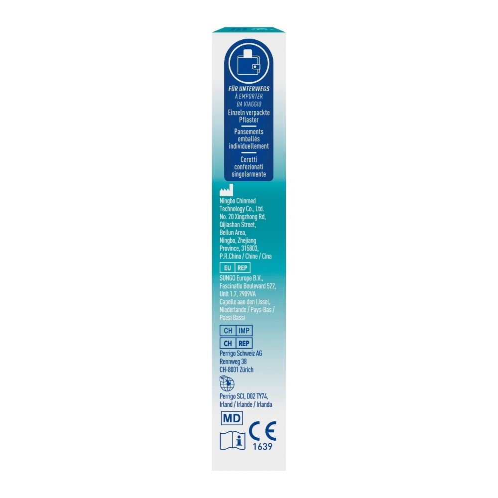Seitenansicht Compeed® Packung mit CE-Kennzeichnung und Herstellerinformationen.