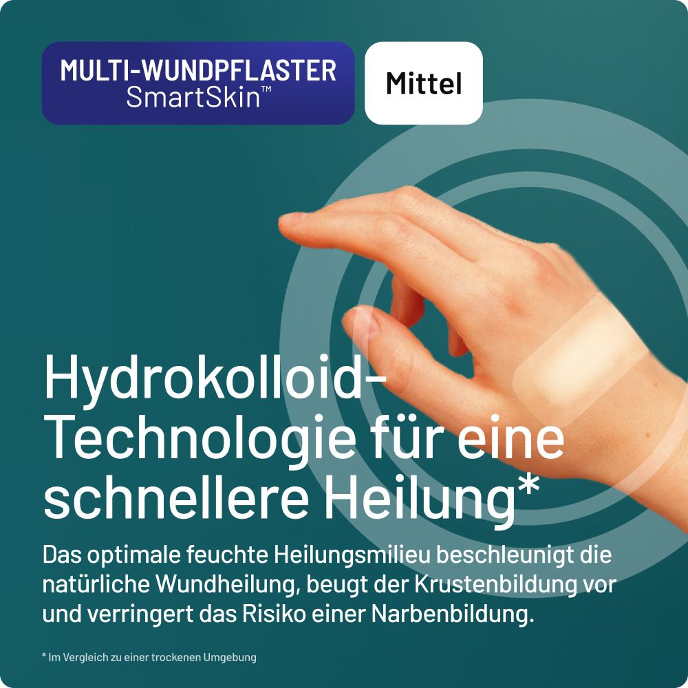 Hand mit COMPEED® Hydrokolloid-Pflaster. Text: Hydrokolloid-Technologie für schnellere Heilung.